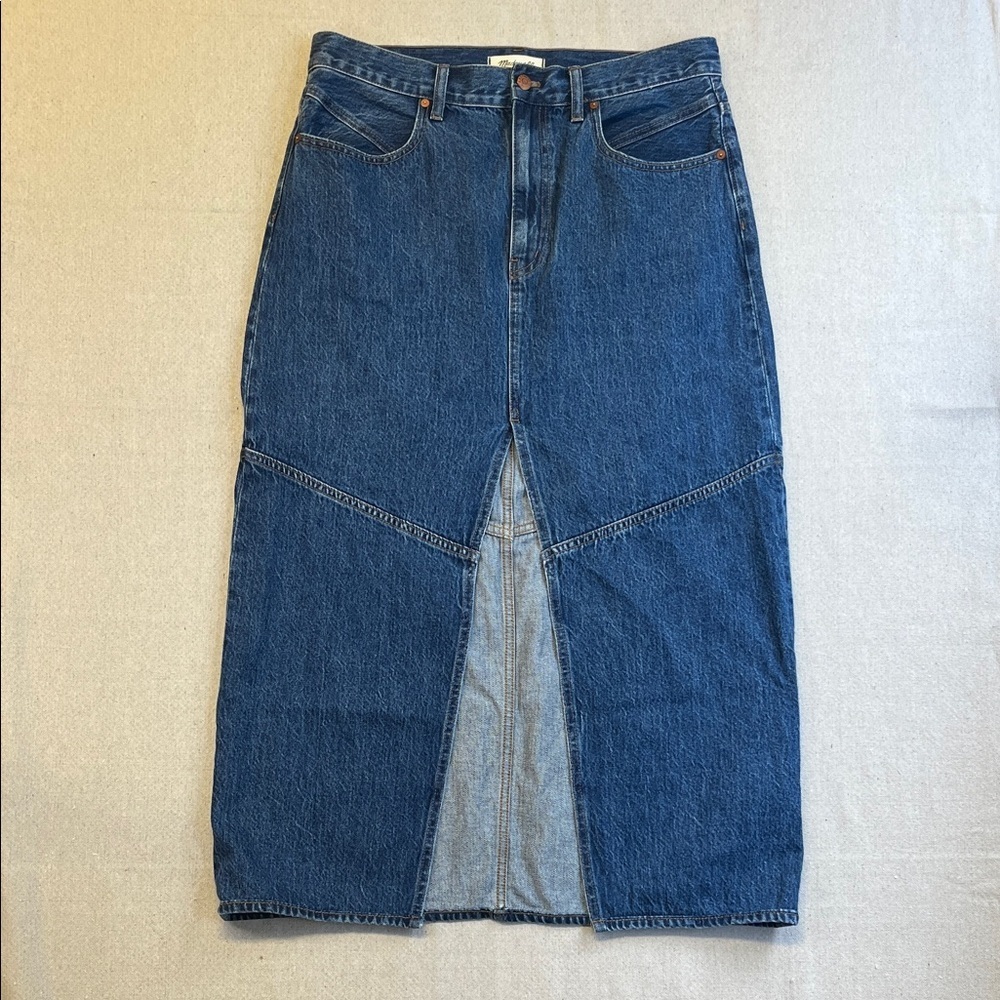 Madewell Denim Midi Skirt Size 30 Blue Jean Front Slit High Rise
